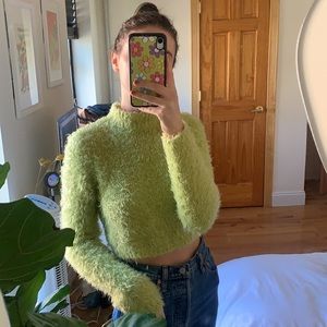 Neon Mock Neck Cropped Fuzzy Sweater